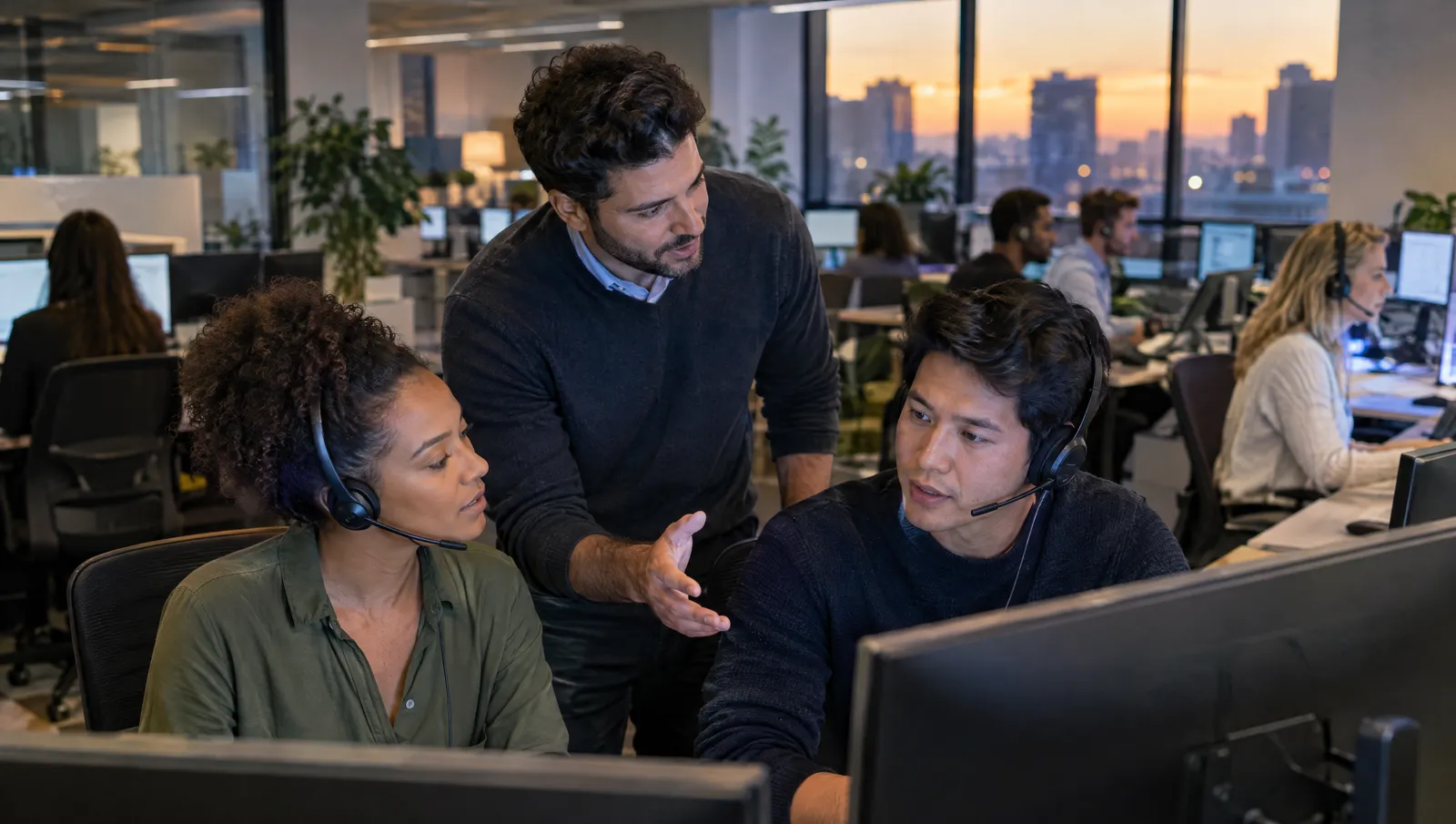 A team lead coaching two support agents